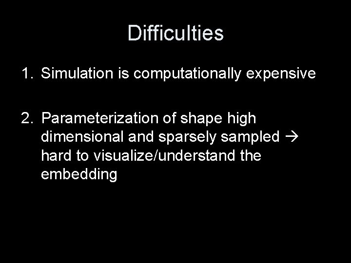 Difficulties 1. Simulation is computationally expensive 2. Parameterization of shape high dimensional and sparsely