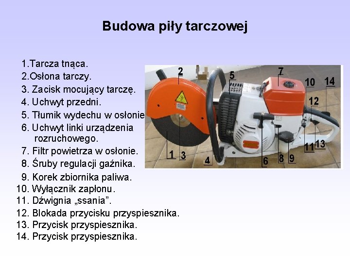 Budowa piły tarczowej 1. Tarcza tnąca. 2. Osłona tarczy. 3. Zacisk mocujący tarczę. 4.