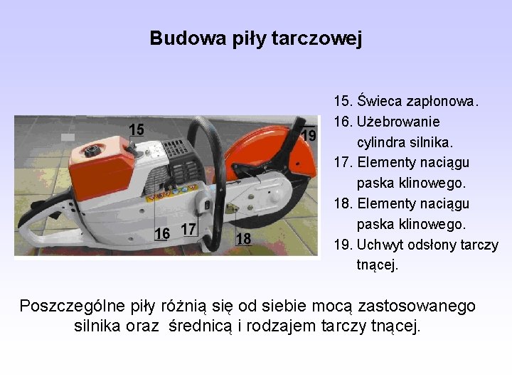 Budowa piły tarczowej 15. Świeca zapłonowa. 16. Użebrowanie cylindra silnika. 17. Elementy naciągu paska