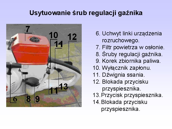 Usytuowanie śrub regulacji gaźnika 6. Uchwyt linki urządzenia rozruchowego. 7. Filtr powietrza w osłonie.