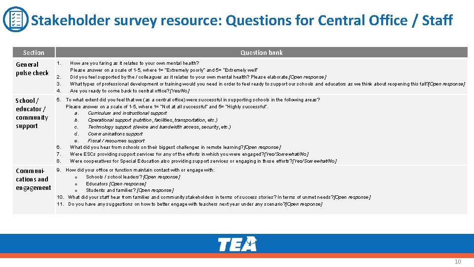 Stakeholder survey resource: Questions for Central Office / Staff Section Question bank General pulse