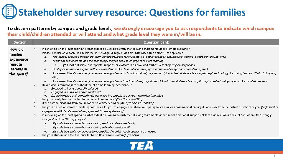 Stakeholder survey resource: Questions for families To discern patterns by campus and grade levels,