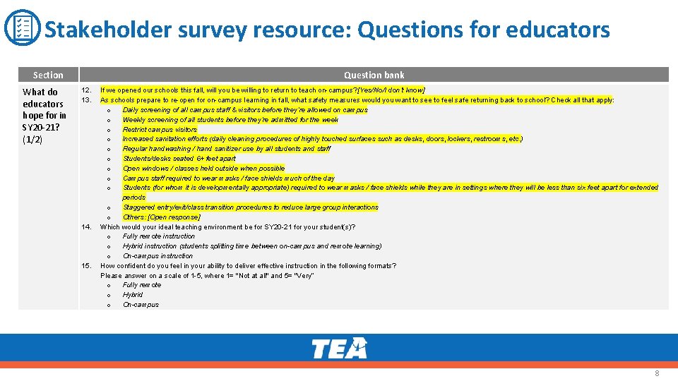 Stakeholder survey resource: Questions for educators Section What do educators hope for in SY