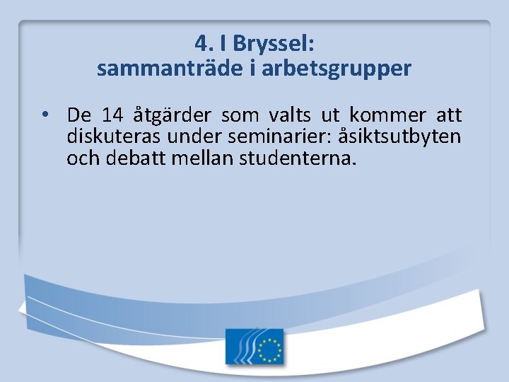 4. I Bryssel: sammanträde i arbetsgrupper • De 14 åtgärder som valts ut kommer