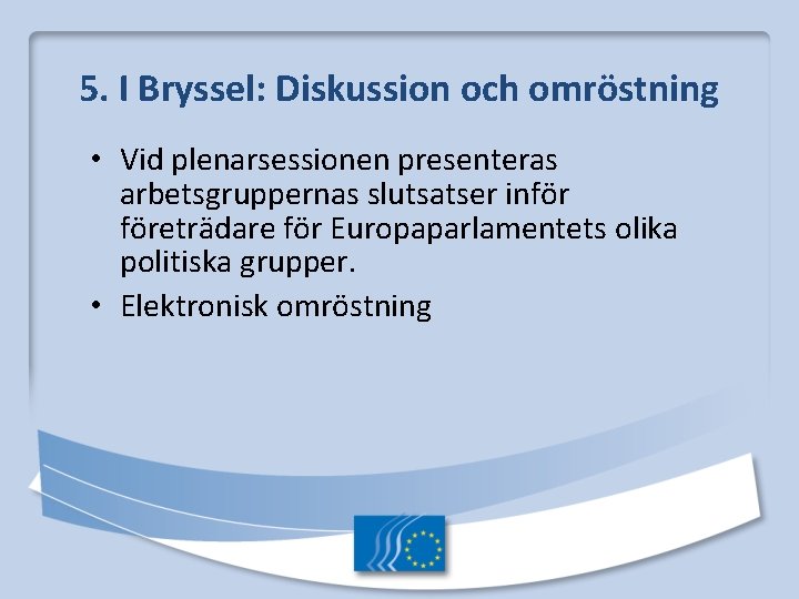 5. I Bryssel: Diskussion och omröstning • Vid plenarsessionen presenteras arbetsgruppernas slutsatser inför företrädare