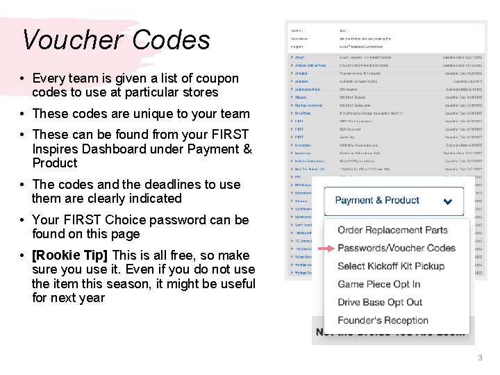 Voucher Codes • Every team is given a list of coupon codes to use