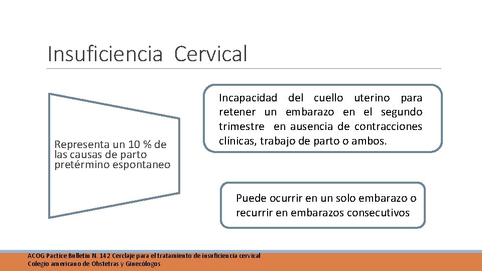 Insuficiencia Cervical Representa un 10 % de las causas de parto pretérmino espontaneo Incapacidad Insuficiencia Cervical Representa un 10 % de las causas de parto pretérmino espontaneo Incapacidad