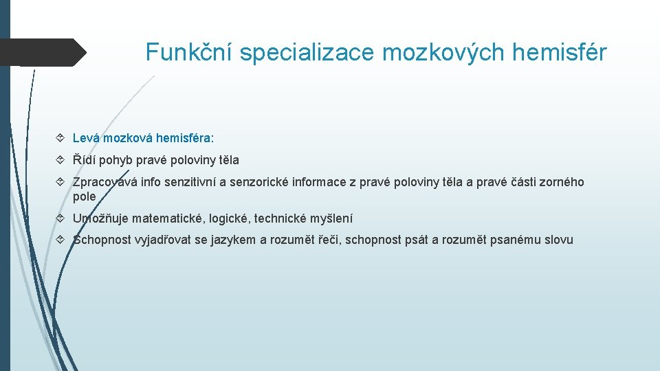 Funkční specializace mozkových hemisfér Levá mozková hemisféra: Řídí pohyb pravé poloviny těla Zpracovává info