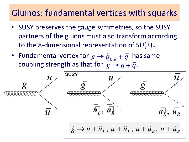 Gluinos: fundamental vertices with squarks • SUSY preserves the gauge symmetries, so the SUSY