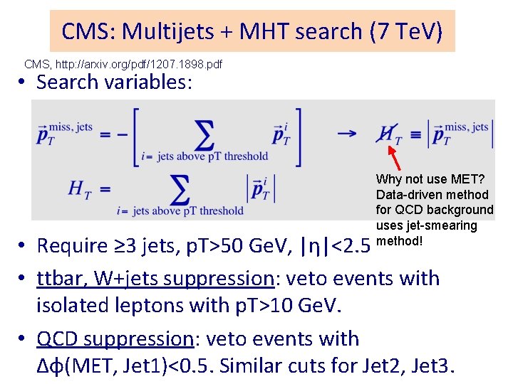 CMS: Multijets + MHT search (7 Te. V) CMS, http: //arxiv. org/pdf/1207. 1898. pdf
