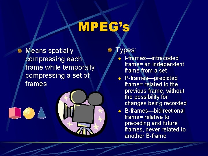 MPEG’s Means spatially compressing each frame while temporally compressing a set of frames Types: