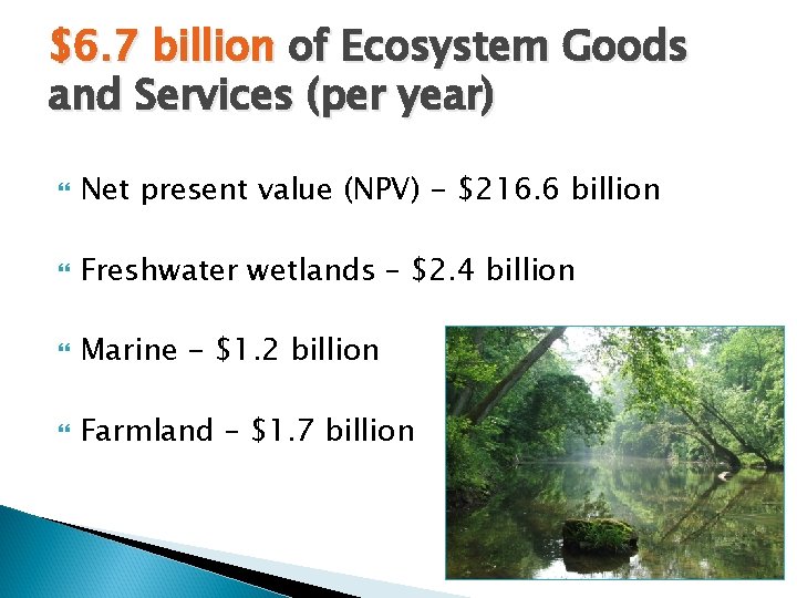 $6. 7 billion of Ecosystem Goods and Services (per year) Net present value (NPV)