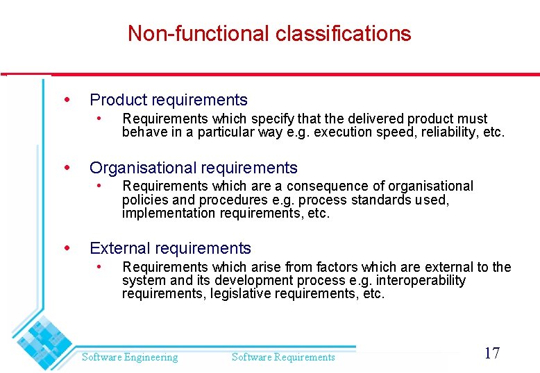 Non-functional classifications Product requirements • Organisational requirements • Requirements which specify that the delivered