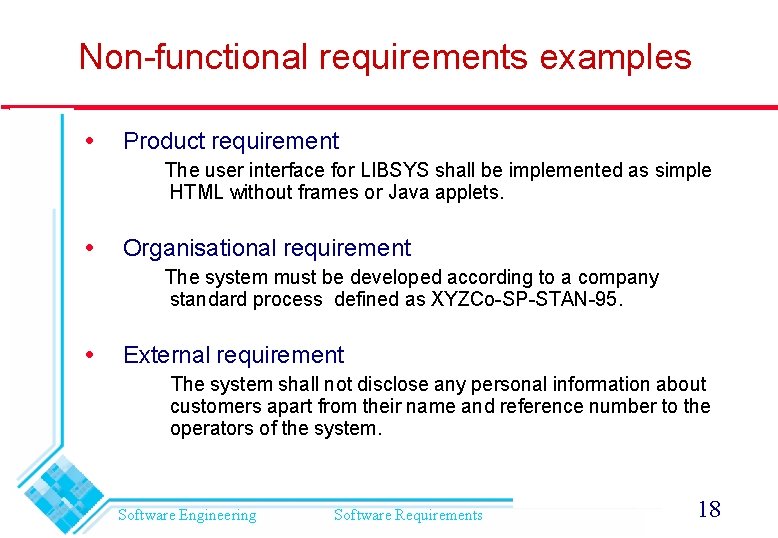 Non-functional requirements examples Product requirement The user interface for LIBSYS shall be implemented as