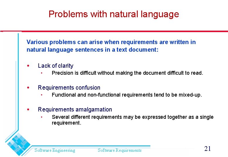 Problems with natural language Various problems can arise when requirements are written in natural