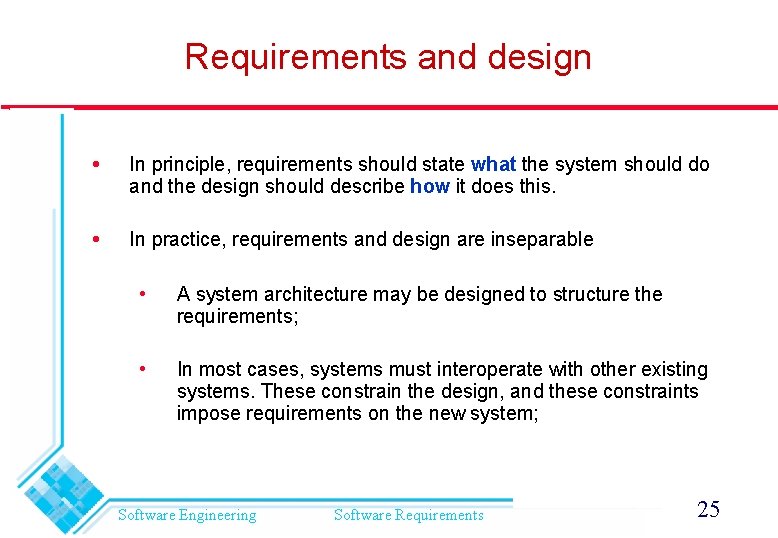 Requirements and design In principle, requirements should state what the system should do and