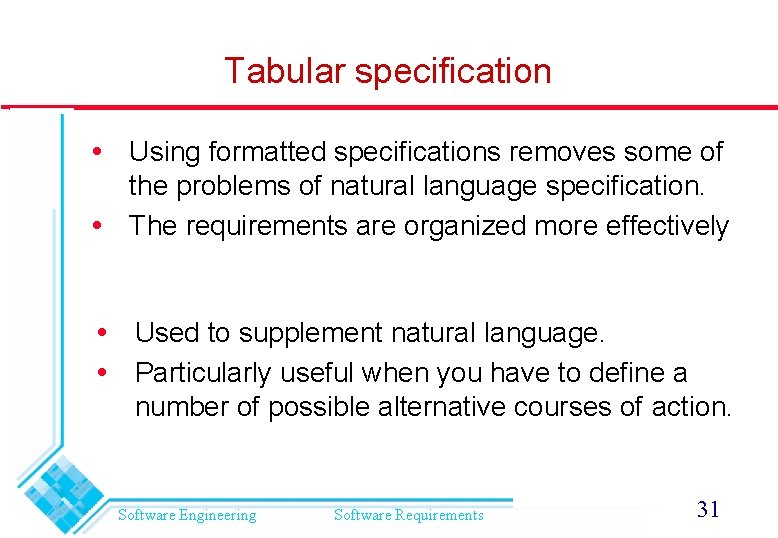 Tabular specification Using formatted specifications removes some of the problems of natural language specification.