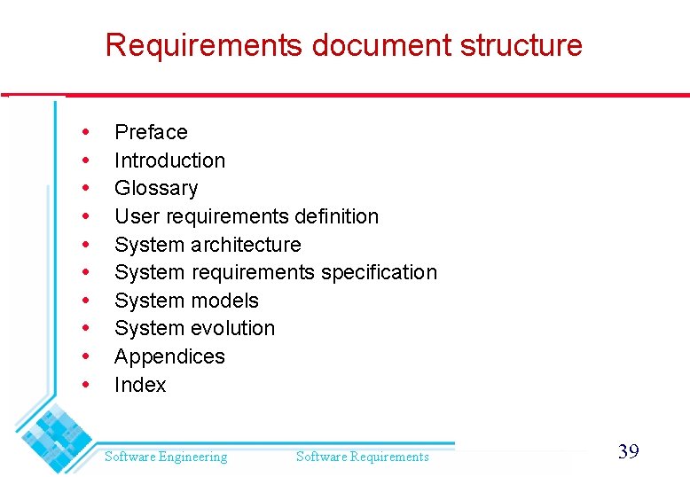 Requirements document structure Preface Introduction Glossary User requirements definition System architecture System requirements specification