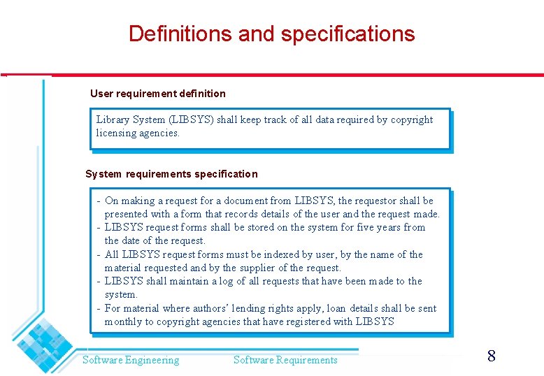 Definitions and specifications User requirement definition Library System (LIBSYS) shall keep track of all