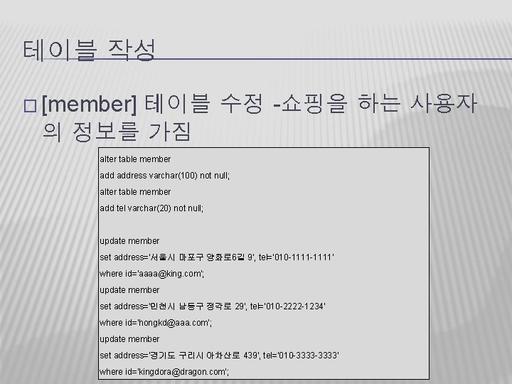 테이블 작성 � [member] 테이블 수정 -쇼핑을 하는 사용자 의 정보를 가짐 alter table
