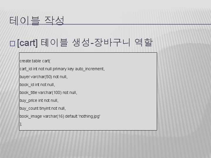 테이블 작성 � [cart] 테이블 생성-장바구니 역할 create table cart( cart_id int not null