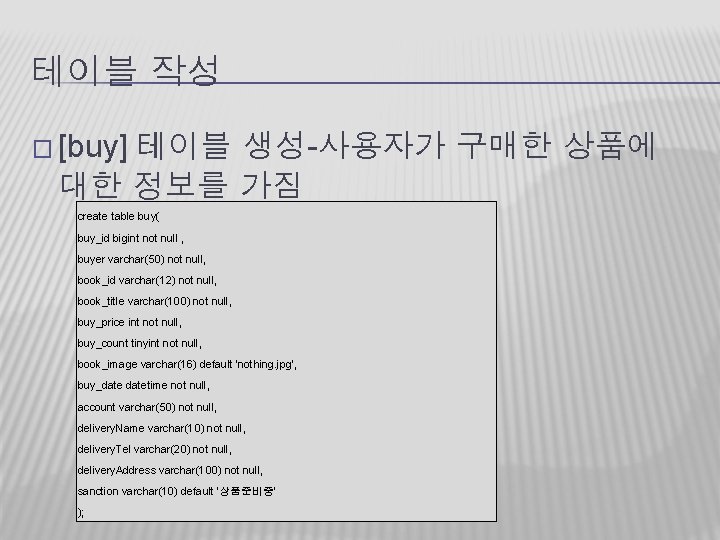 테이블 작성 � [buy] 테이블 생성-사용자가 구매한 상품에 대한 정보를 가짐 create table buy(