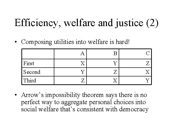 Efficiency, welfare and justice (2) • Composing utilities into welfare is hard! First Second