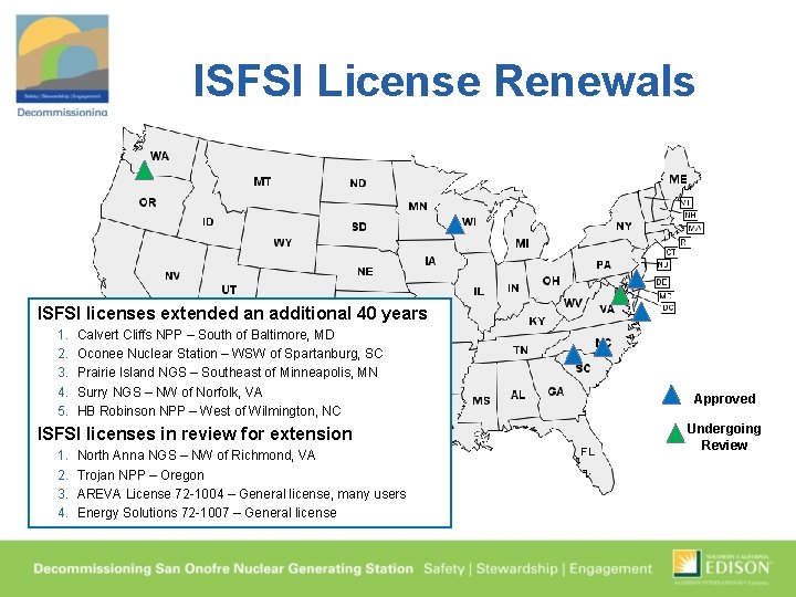 ISFSI License Renewals ISFSI licenses extended an additional 40 years 1. 2. 3. 4.