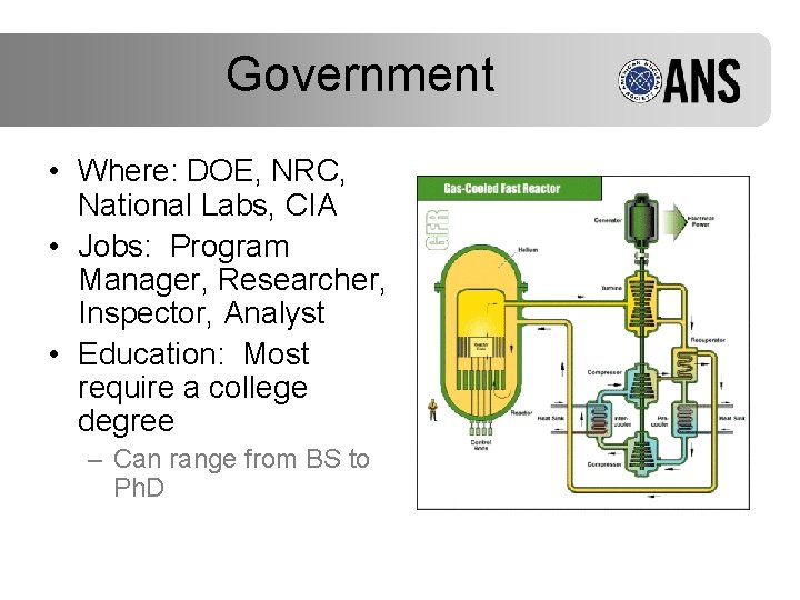 Government • Where: DOE, NRC, National Labs, CIA • Jobs: Program Manager, Researcher, Inspector,