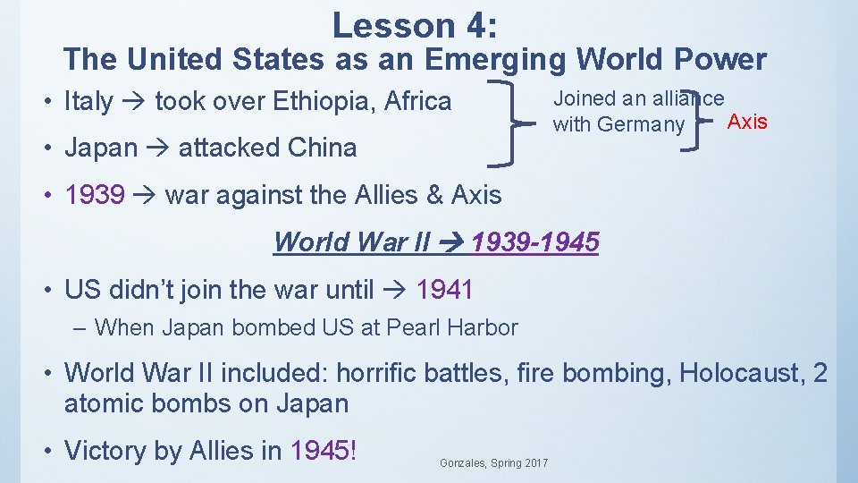 Lesson 4: The United States as an Emerging World Power • Italy took over