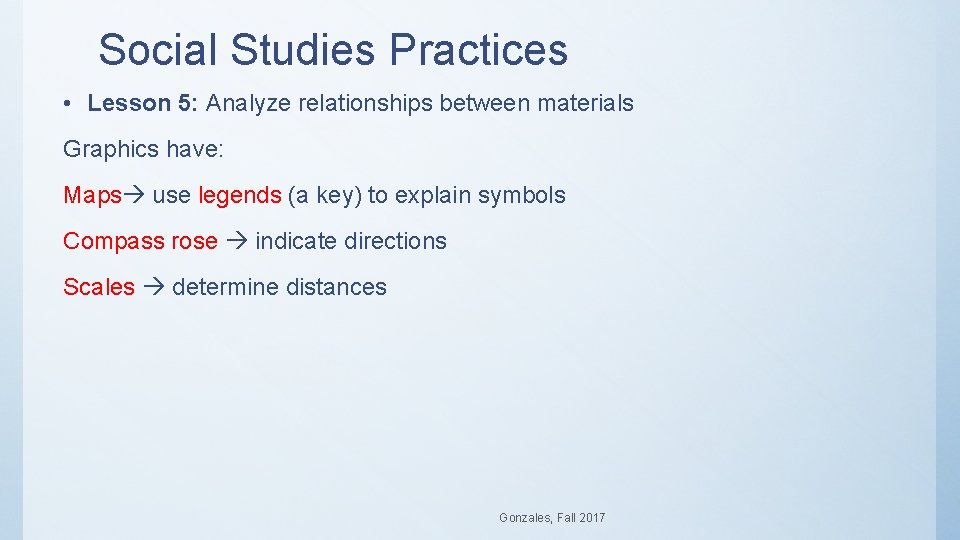 Social Studies Practices • Lesson 5: Analyze relationships between materials Graphics have: Maps use