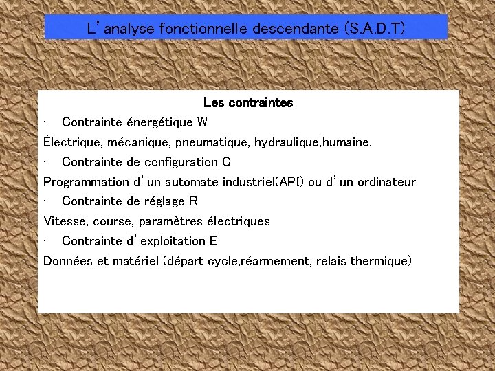 L’analyse fonctionnelle descendante (S. A. D. T) Les contraintes • Contrainte énergétique W Électrique,