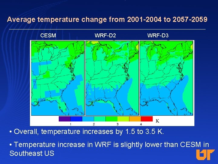 Average temperature change from 2001 -2004 to 2057 -2059 CESM WRF-D 2 WRF-D 3