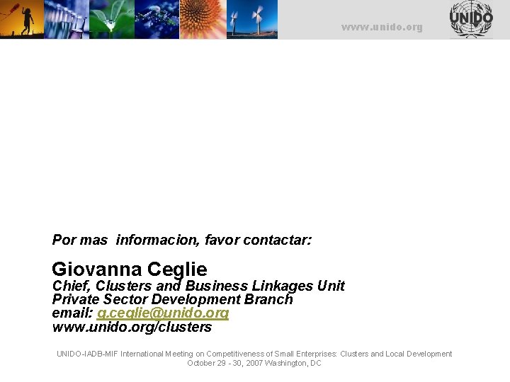 UNITED NATIONS INDUSTRIAL DEVELOPMENT ORGANIZATION www. unido. org Por mas informacion, favor contactar: Giovanna