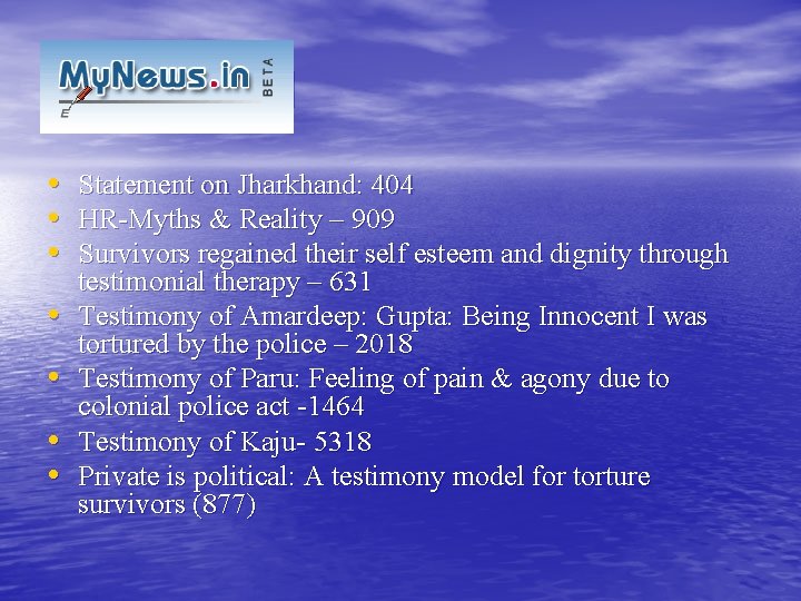 kllllllllll • Statement on Jharkhand: 404 • HR-Myths & Reality – 909 • Survivors