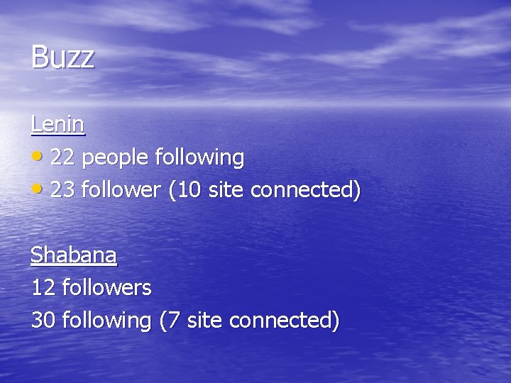 Buzz Lenin • 22 people following • 23 follower (10 site connected) Shabana 12