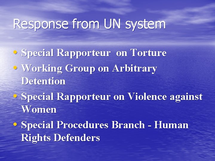 Response from UN system • Special Rapporteur on Torture • Working Group on Arbitrary