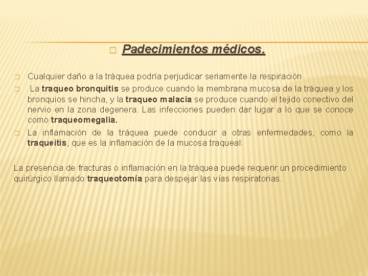 � � Padecimientos médicos. Cualquier daño a la tráquea podría perjudicar seriamente la respiración � � Padecimientos médicos. Cualquier daño a la tráquea podría perjudicar seriamente la respiración