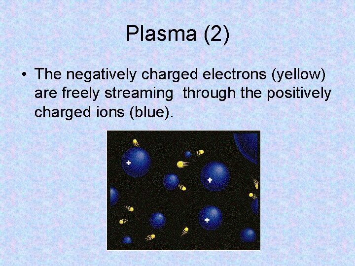 Plasma (2) • The negatively charged electrons (yellow) are freely streaming through the positively
