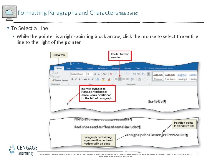 Formatting Paragraphs and Characters (Slide 2 of 10) • To Select a Line • Formatting Paragraphs and Characters (Slide 2 of 10) • To Select a Line •