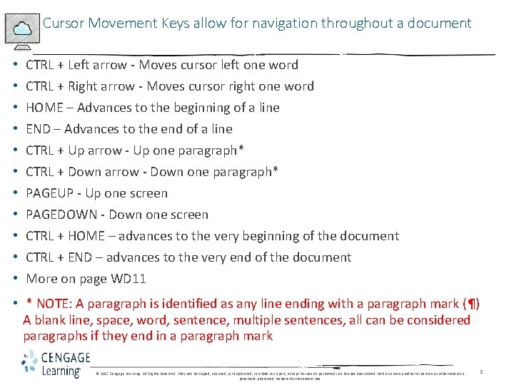 Cursor Movement Keys allow for navigation throughout a document • • • CTRL + Cursor Movement Keys allow for navigation throughout a document • • • CTRL +