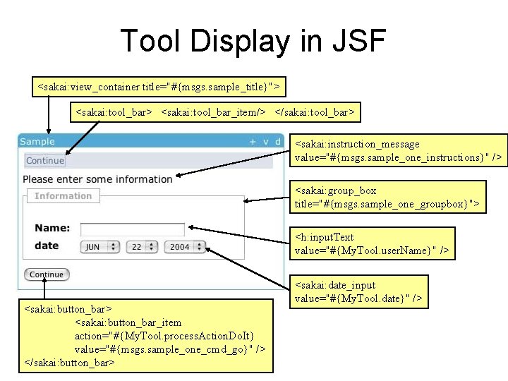 Tool Display in JSF <sakai: view_container title="#{msgs. sample_title}"> <sakai: tool_bar_item/> </sakai: tool_bar> <sakai: instruction_message Tool Display in JSF <sakai: view_container title="#{msgs. sample_title}"> <sakai: tool_bar_item/> </sakai: tool_bar> <sakai: instruction_message