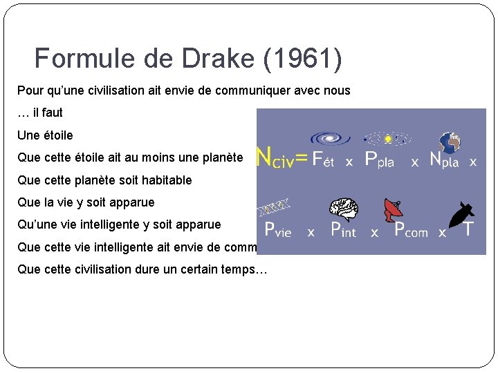 Formule de Drake (1961) Pour qu’une civilisation ait envie de communiquer avec nous …