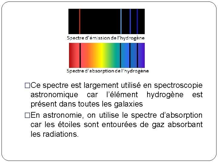 �Ce spectre est largement utilisé en spectroscopie astronomique car l’élément hydrogène est présent dans