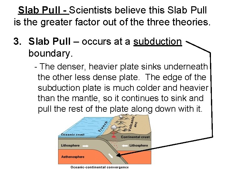 Slab Pull - Scientists believe this Slab Pull is the greater factor out of