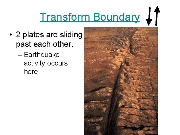 Transform Boundary • 2 plates are sliding past each other. – Earthquake activity occurs