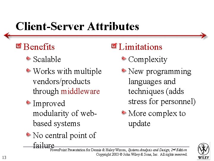 Client-Server Attributes Benefits Limitations Scalable Complexity Works with multiple New programming vendors/products languages and