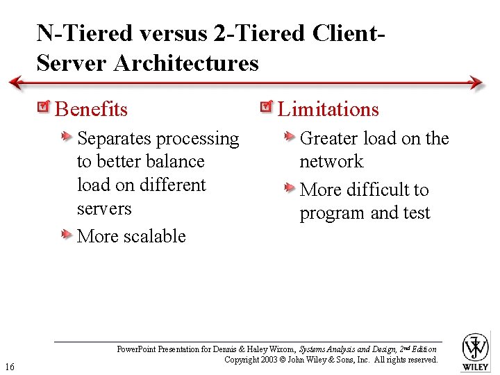 N-Tiered versus 2 -Tiered Client. Server Architectures Benefits Separates processing to better balance load