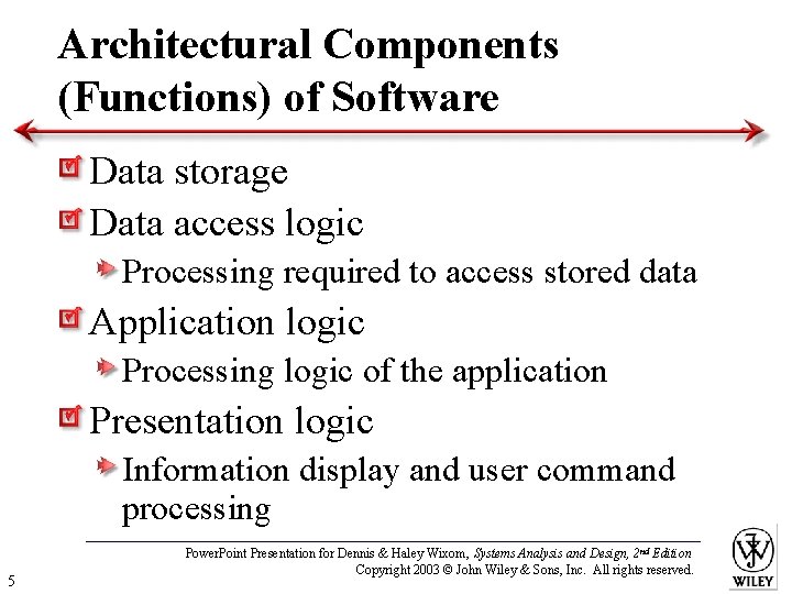 Architectural Components (Functions) of Software Data storage Data access logic Processing required to access