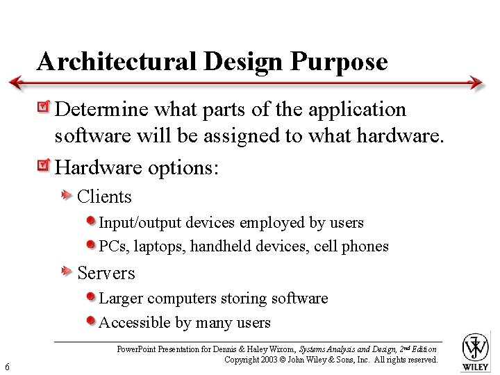 Architectural Design Purpose Determine what parts of the application software will be assigned to